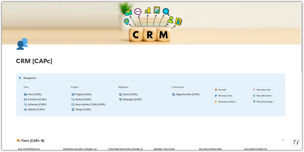 Vue d'accueil CAP Relation : navigation CRM complète