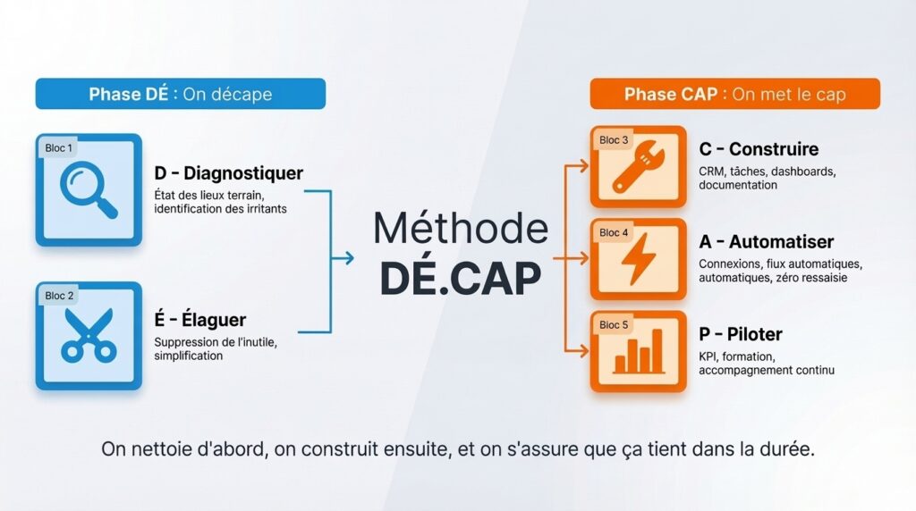 Méthode DÉ.CAP — Phase DÉ : Diagnostiquer, Élaguer / Phase CAP : Construire, Automatiser, Piloter